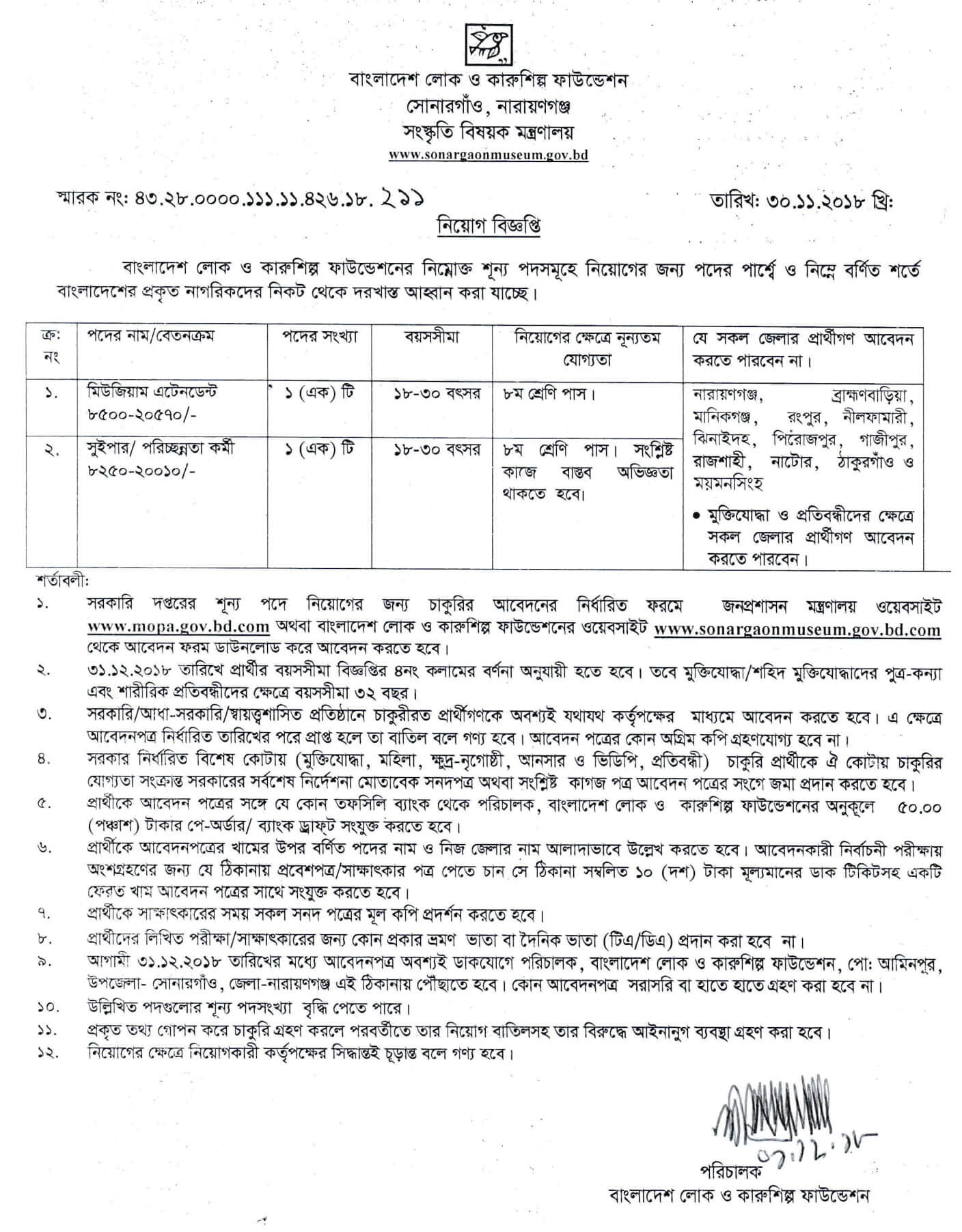 বাংলাদেশ লোক ও কারুশিল্প ফাউন্ডেশন নিয়োগ বিজ্ঞপ্তি